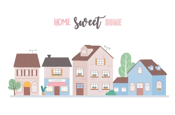 Home sweet home, houses residential urban architecture neighborhood street — Stock Vector