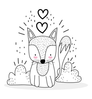 Küçük tilki, sevgi dolu kalplerle oturuyor. Sevimli hayvanlar, vahşi yaşam çizgi filmlerini çiziyor.