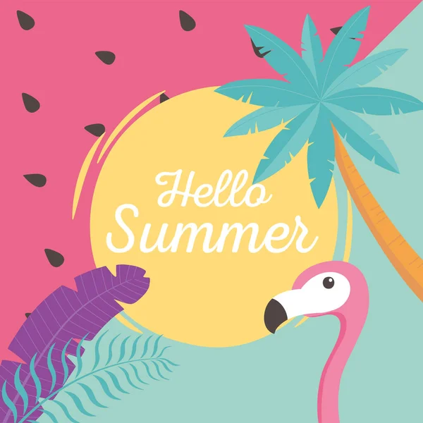 Flamingo bird with exotic palm tropical leaves, hello summer lettering — Stock Vector