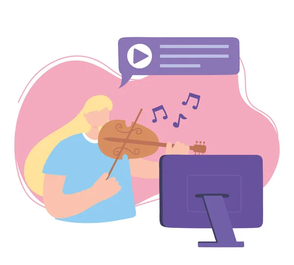 Stay at home, girl playing fiddle concert online laptop, self isolation, activities in quarantine for coronavirus — Stock Vector