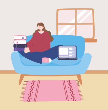 Evde kal, dizüstü bilgisayarı olan bir kız kanepeye kitap yığını, kendini izole etme, koronavirüs için karantina faaliyetleri
