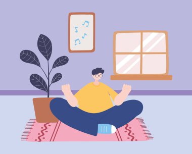 Evde kal, yoga yapan adam odada poz ver, kendini izole et, koronavirüs için karantinada çalış.