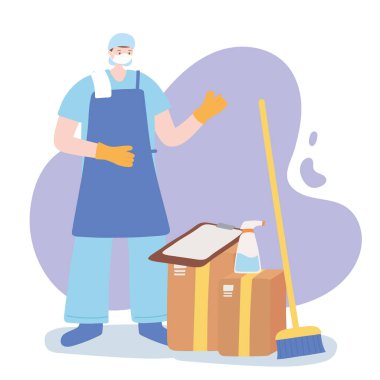 Teşekkürler gerekli işçiler, brom spreyi ve kutuları olan temiz adam, yüz maskesi takıyor, Coronavirus covid 19 hastalığı