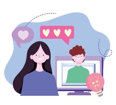 Genç çift romantik video çağrısı bilgisayar ekran tasarımı resmi