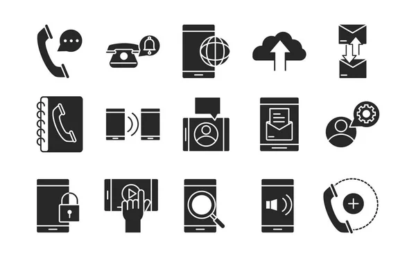 Set di icone in stile silhouette per cellulare o smartphone con tecnologia elettronica — Vettoriale Stock