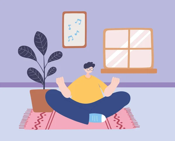 Permanezca en casa, hombre en meditación de yoga pose en la habitación, autoaislamiento, actividades en cuarentena por coronavirus — Vector de stock
