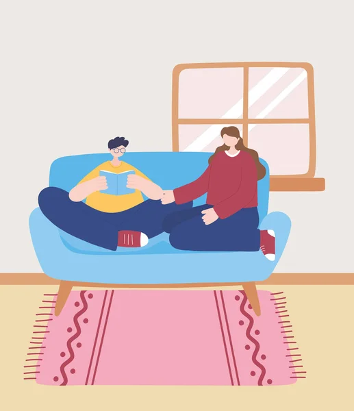 Залишатися вдома, хлопець читає книгу на дивані з дівчиною, самоізоляція, заходи в карантині для коронавірусу — стоковий вектор