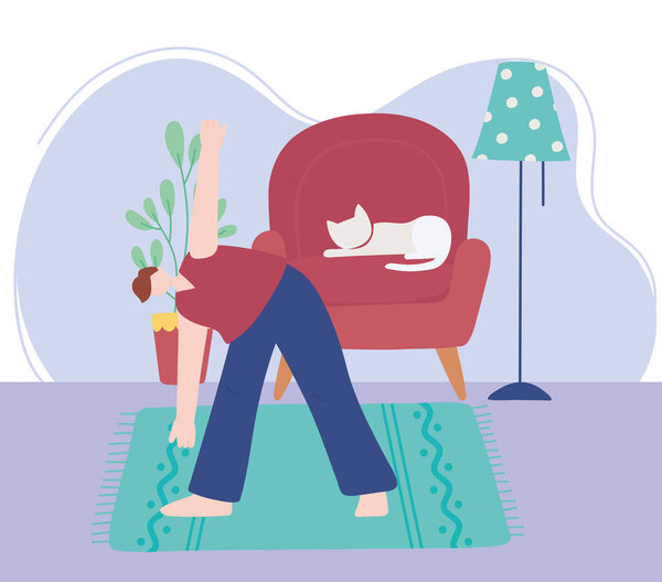 stay at home, man practicing yoga in room, self isolation, activities in quarantine for coronavirus