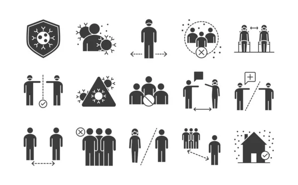 Covid 19 coronavirus social prevención de distanciamiento, brote propagación vector silueta estilo iconos conjunto — Archivo Imágenes Vectoriales