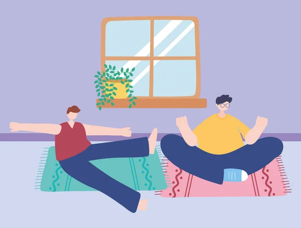 Estancia en casa, meditación masculina pose yoga en la habitación, autoaislamiento, actividades en cuarentena por coronavirus — Vector de stock