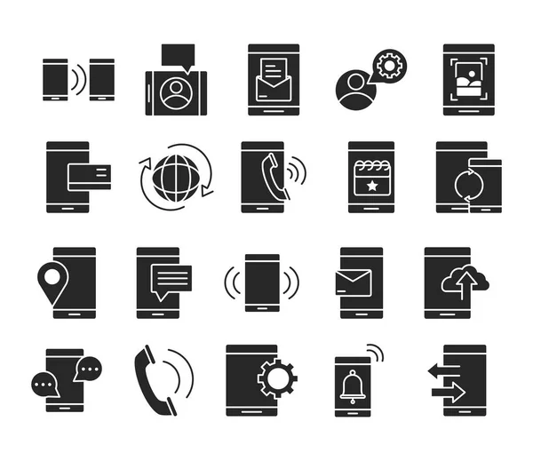 Téléphone portable ou smartphone technologie électronique dispositif silhouette style icônes ensemble — Image vectorielle