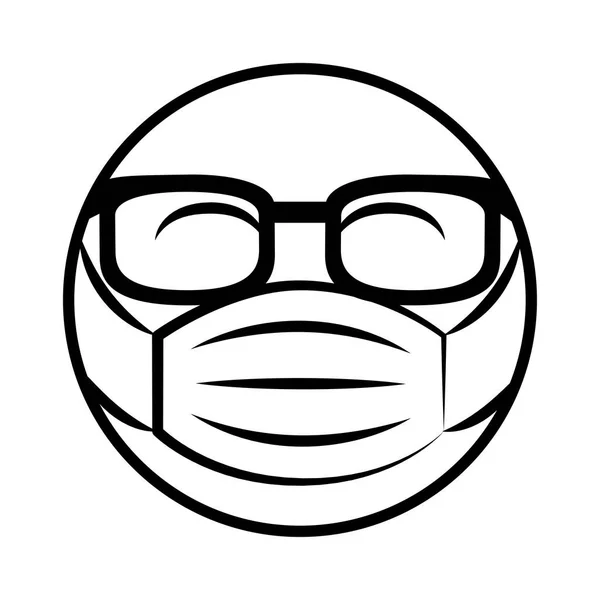 Emoticon con occhiali da sole e maschera medica coronavirus covid-19 pandemia, linea stile cartone animato — Vettoriale Stock