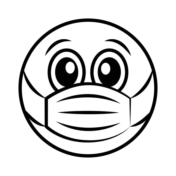 Emoticon con maschera medica coronavirus covid-19 pandemia, linea stile cartone animato — Vettoriale Stock