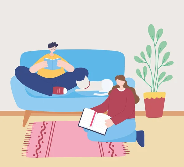 家にいてください,女の子と男の子猫とソファの上で本を読んで,自己分離,コロナウイルスの隔離での活動 — ストックベクタ