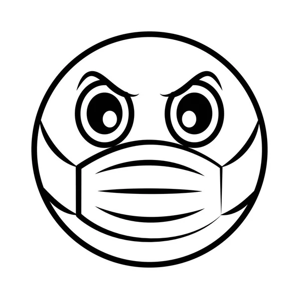 Emoticon irritado com máscara médica coronavirus covid-19 pandemia, linha estilo cartoon — Vetor de Stock