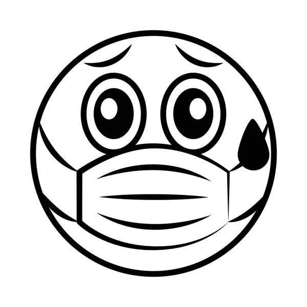 Emoticon with medical mask coronavirus covid-19 pandemic, line cartoon style — Stock Vector
