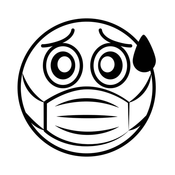 Emoticon rädd med medicinsk mask coronavirus covid-19 pandemi, linje tecknad stil — Stock vektor