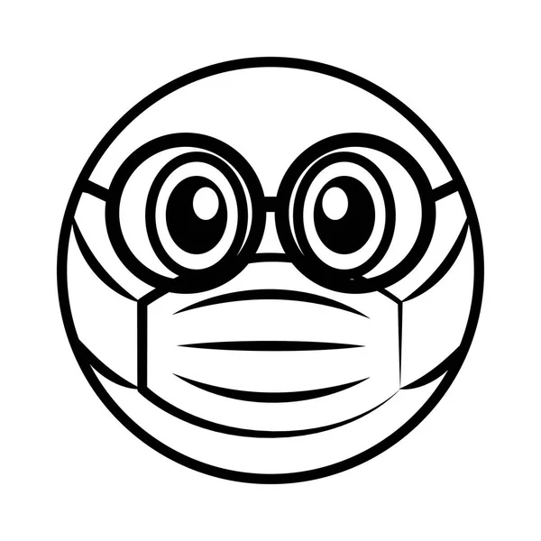 Emoticon nerd mit medizinischer maske coronavirus covid-19 pandemie, linie cartoon style — Stockvektor