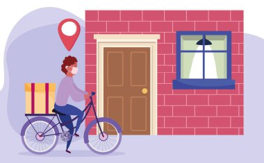 Coronavirus covid-19 sırasında eve güvenli bir teslimat, kurye evde kutusuyla bisiklet sürüyor.