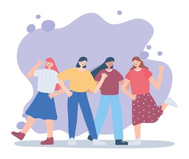 Grup kadınlarını kutlayan neşeli çizgi film karakterleri.