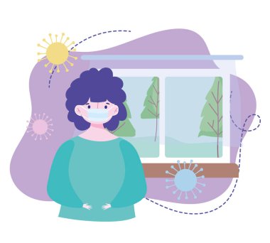 Evde tıbbi maskeli genç bir karakter var. Covid 19 karantinasını önlüyor.