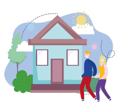 Sokakta yürüyen tıbbi maskeli çift, Coronavirus covid 19 salgını.