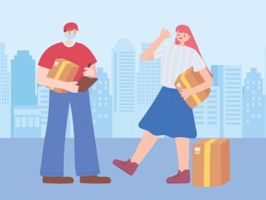 Teşekkürler önemli işçiler, kutuları olan teslimatçı ve müşteri, maske takıyorlar, Coronavirus covid 19 hastalığı