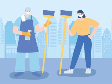 thank you essential workers, cleaner man and woman with broom, wearing face masks, coronavirus covid 19 disease clipart