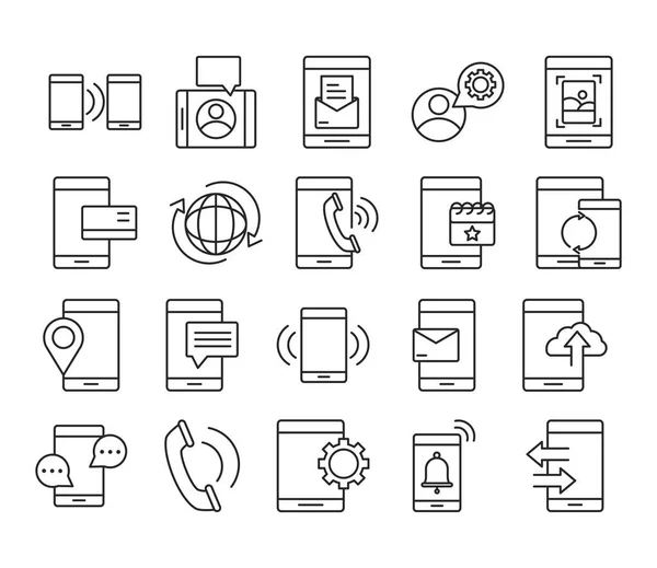 휴대 전화 또는 스마트폰 전자 기술 장치 라인 스타일 아이콘 설정 — 스톡 벡터