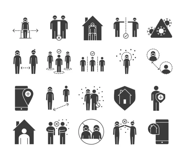 Covid 19 coronavirus social distanciation prévention, épidémie propagation vectorielle silhouette style icônes ensemble — Image vectorielle