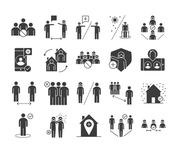 Covid 19 coronavirus social distance prevention, outbreak spreading vector silhouette style icons set — 图库矢量图片