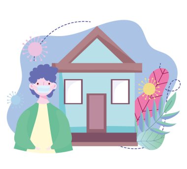 Evin dışında maskeli genç bir adam, Coronavirus covid 19 salgın tasarımı.