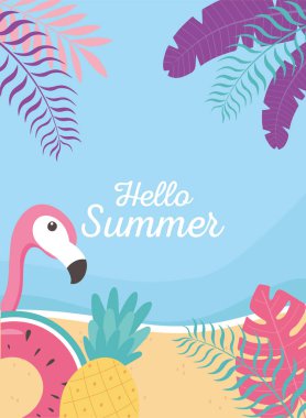 Flamingo yüzen ananas plajı egzotik tropik yapraklar, merhaba yaz harfleri.