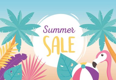 Flamingo kuş topu plakları ağaç egzotik tropikal yapraklar, merhaba yaz indirimi