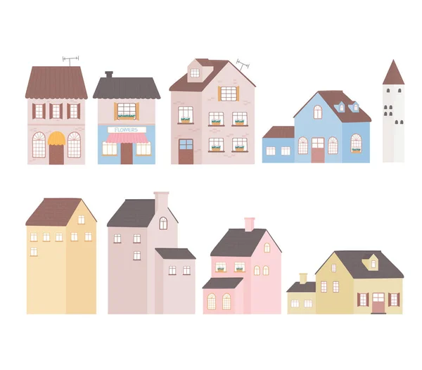 Houses home building tower residential commercial facade icons design — Stock Vector