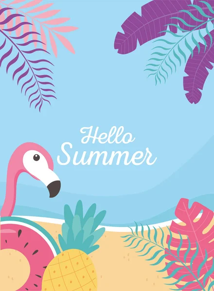 Flamingo zweven ananas strand exotische tropische bladeren, hallo zomer belettering — Stockvector