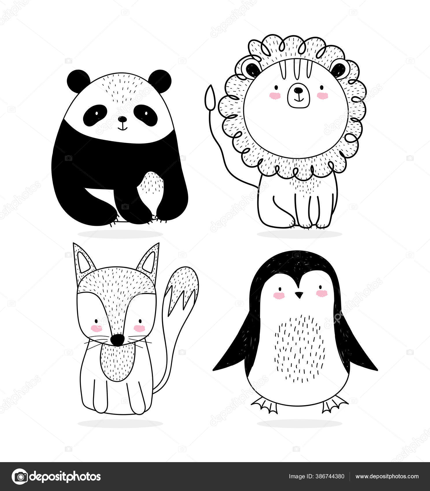 Cute animals sketch wildlife cartoon adorable panda lion fox and penguin  Stock Vector Image by ©stockgiu #386744380
