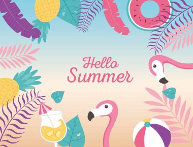Flamingolar havada süzülüyor ananas kokteyli egzotik tropik yapraklar, merhaba yaz harfleri.
