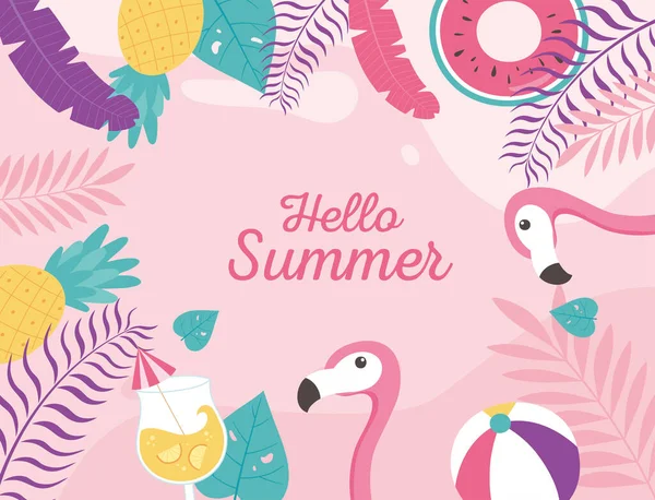 Flamingos cocktail beach ball float exotic tropical leaves, hello summer lettering — Stock Vector