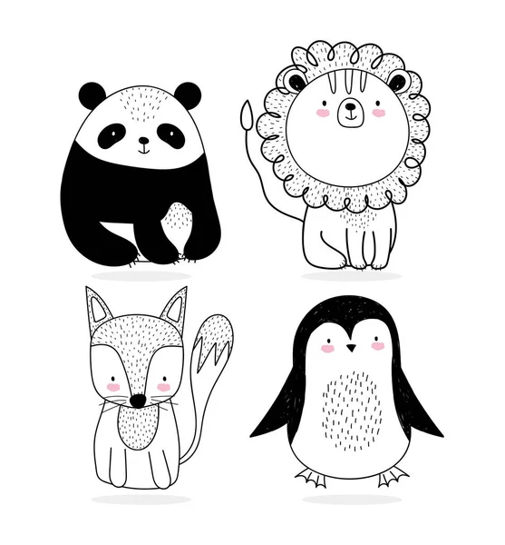Милые животные набросок дикой природы мультфильм очаровательный панда лев лиса и пингвин — стоковый вектор
