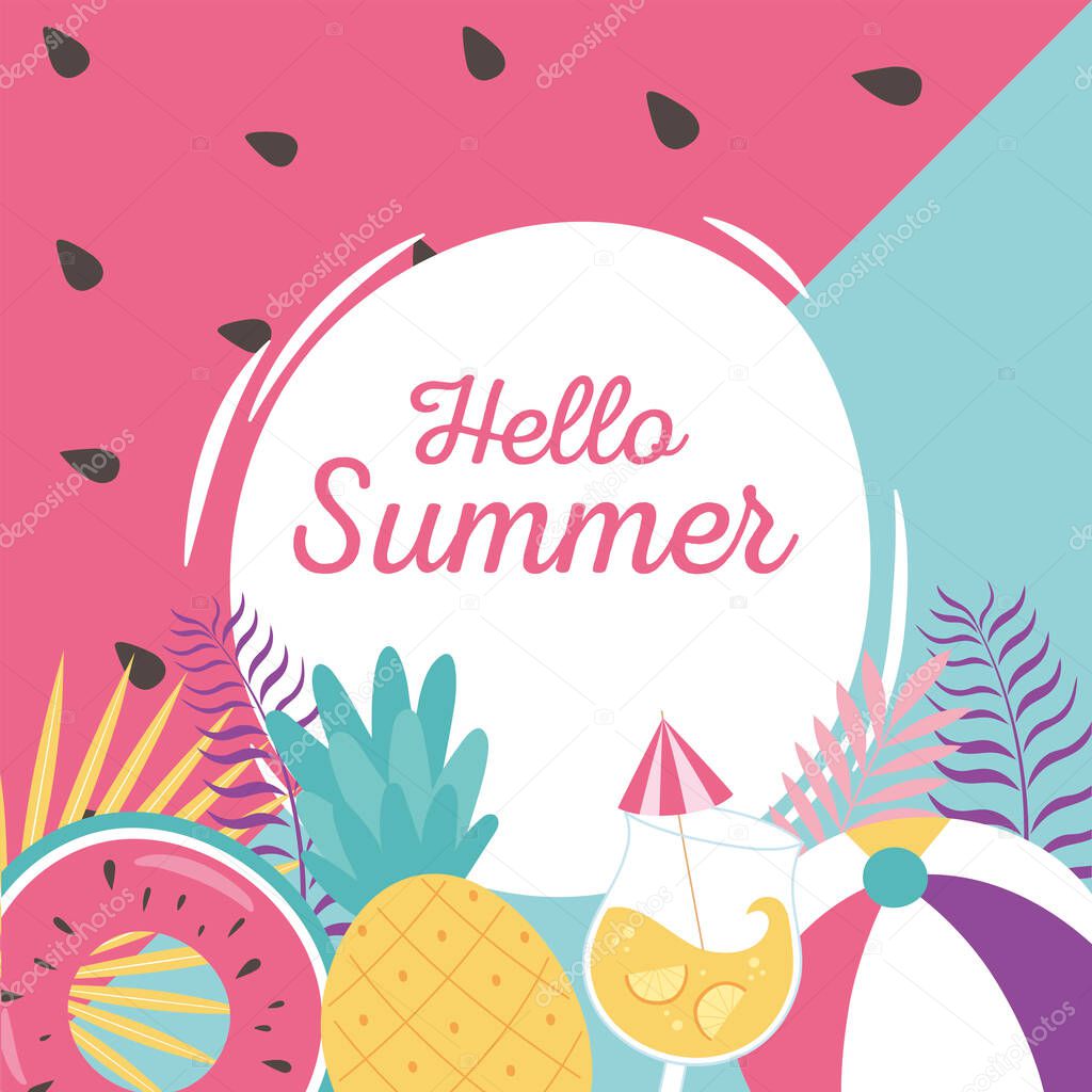hello summer, tropical pineapple float ball cocktail leaves badge