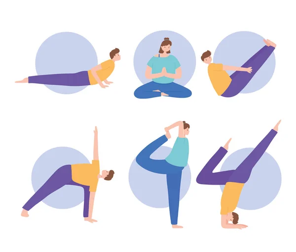 Personas que practican yoga diferentes ejercicios de pose, estilo de vida saludable, conjunto de práctica física y espiritual — Vector de stock