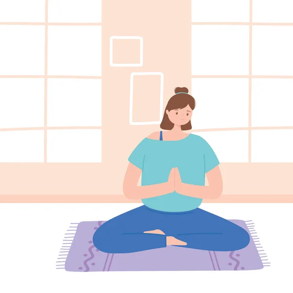 Mujer practicando yoga ejercicios de meditación pose, estilo de vida saludable, práctica física y espiritual — Vector de stock