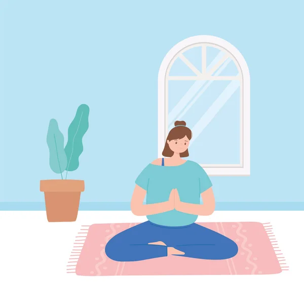 Vrouw het beoefenen van yoga poseren oefeningen, gezonde levensstijl, fysieke en spirituele oefening — Stockvector