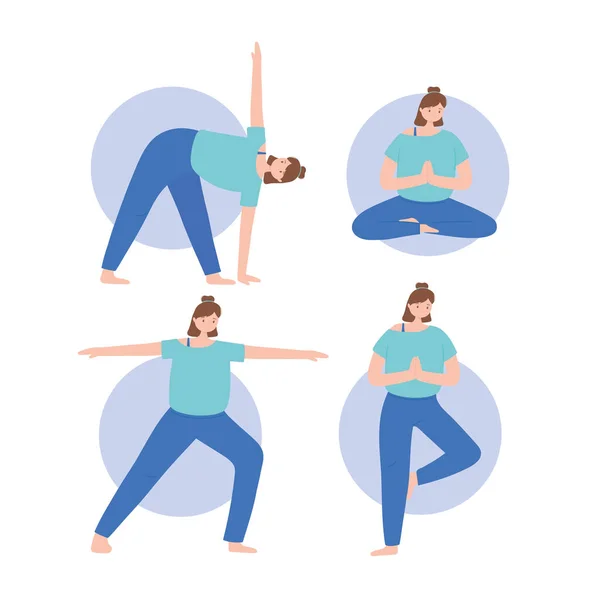 Люди практикують йогу різні вправи позу, здоровий спосіб життя, фізичну і духовну практику набір — стоковий вектор
