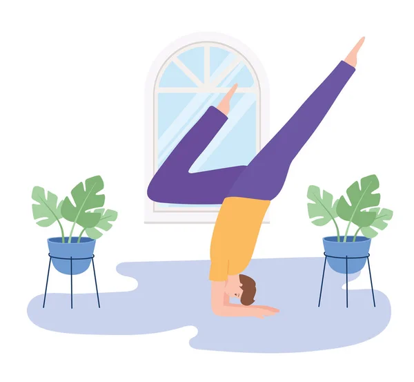 Mens beoefenen yoga pose oefeningen, gezonde levensstijl, fysieke en spirituele oefening — Stockvector