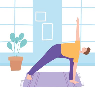 Yoga yapan bir adam trikonasana poz egzersizleri, sağlıklı yaşam tarzı, fiziksel ve ruhsal uygulama