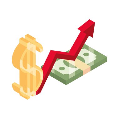 İzometrik para nakit para banknotları beyaz arkaplan düz ikonu izole ok karı