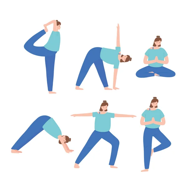 Personas que practican yoga diferentes ejercicios de pose, estilo de vida saludable, conjunto de práctica física y espiritual — Vector de stock