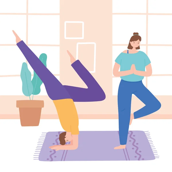 Hombre y mujer practicando yoga diferente pose, estilo de vida saludable, práctica física y espiritual — Vector de stock